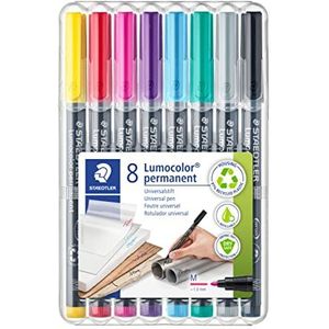 STAEDTLER Permanente universele pen Lumocolor, veeg- en waterbestendig, in enkele seconden droog, navulbaar, lijnbreedte 1 mm, 8 markers in briljante kleuren in stabiele Staedtler Box, 317 WP8-2