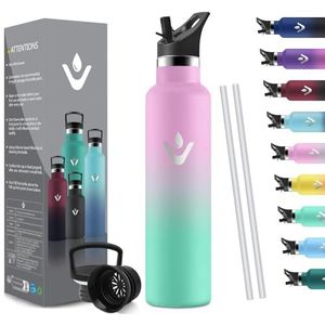 HoneyHolly Thermosfles, 1 liter, BPA-vrij, dubbelwandig, 18/8 roestvrij staal, thermosfles met rietje, thermosfles voor sportschool, sport, fietsen
