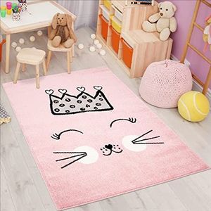 Carpet City Kindertapijt Bubble Kids platte stapel met kat en kroon in roze voor kinderkamer grootte: 120x160 cm, 120 cm x 160 cm
