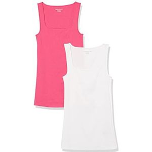 Amazon Essentials Tanktop voor dames, slimfit, vierkante hals, 2 stuks, wit/donkerroze, maat M