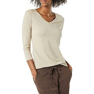 Amazon Essentials Women's T-shirt met driekwartmouwen en V-hals in klassieke pasvorm (verkrijgbaar in grote maten), Bruin, L