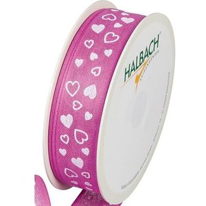 Halbach Seidenbänder Cadeaulint ""Harten"" | Breedte 25 mm lengte 18 m | Printband met hartmotief | Perfecte band voor bruiloft of Valentijnsdag | Kleur: roze/wit