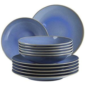 MÄSER 931554 Ossia, bordenset voor 6 personen in mediterrane vintage look, 12-delig modern tafelservies met soepborden en platte borden in lichtblauw, keramiek