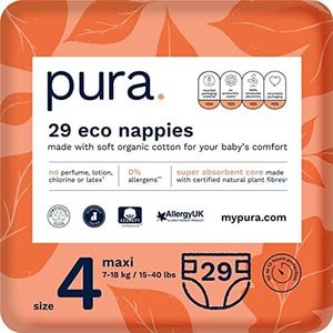 Pura Premium Eco Baby Peuterluiers Maat 4 (Maxi 7-18kg / 15-40 lbs) 1 pak van 29 luiers, EU Ecolabel gecertificeerd, gemaakt van biologisch katoen, tot 12 uur lekbescherming
