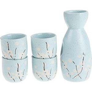 lachineuse - Sake Set Blauwe Kersenbloesem - Met 4 Kommen & Karaf - Japanse Sake Glazen - Cadeau Aziatisch Servies - Sake Service Japan Porselein - Cadeau-idee - Hemelsblauw