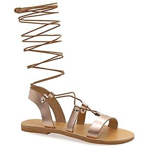 Roze goud 37 Emmanuela knie-hoge lederen sandalen in oude Griekse stijl, handgemaakte platte gladiator sandalen met open tenen, hoge kwaliteit zomer schoenen voor het vastbinden voor vrouwen