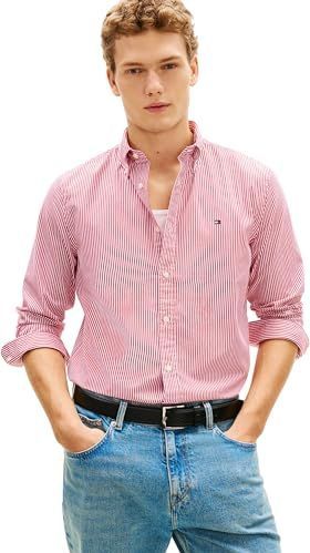 Tommy Hilfiger Heren CORE Flex POP Classic STP Shirt MW0MW41403 L/S Shirt, ROOD, XS, Rood (Medium Rood/Streep), XS