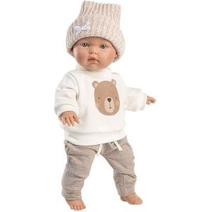 Llorens 1035002 Pop Hayley, met blauwe ogen en zacht lichaam, babypop incl. sweatshirt met berenmotief, bruine broek en muts, 35 cm