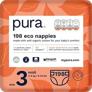 Pura Eco Babyluiers Maat 3 (Midi 4-9kg / 9-20 lbs) Maandpakket 6 x 33 per pakket, 198 luiers, EU Ecolabel gecertificeerd, gemaakt van biologisch katoen, tot 12 uur lang lekbescherming