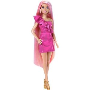 Barbie Pop, Fun & Fancy haar met extra lang kleurrijk blond haar en glanzende roze jurk, 10 haar- en mode-speelaccessoires, JDC85