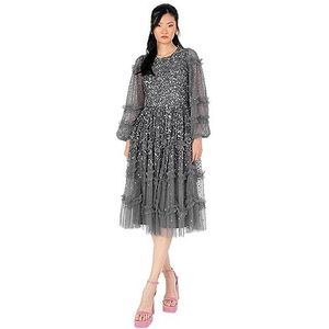 Maya Deluxe Midi-jurk voor dames, lange mouwen, pailletten, versierd met ruches voor bruiloft, gast, bruidsmeisje, gelegenheid, avondbaljurk, houtskool, 32