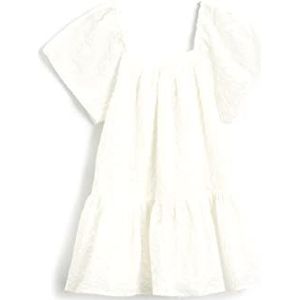 Koton Meisjesjurk met geborduurde pofmouwen, vierkante kraag, ruches, witte katoenen jurk, Wit design (0d0), 7-8 Jaren