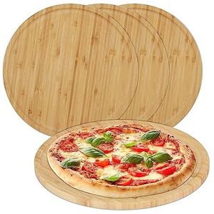 Relaxdays pizzaplank, set van 4, bamboe, Ø 32 cm, serveerplank voor pizza, kaas, rond pizzabord, snijplank, naturel
