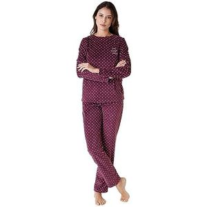 LOVABLE Lange pyjama van microfleece, stippen, voor dames, Bordeaux, stippenprint, M