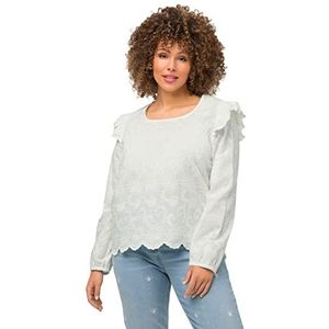 Ulla Popken Dames grote maten plus size blouse, ruches, carree-uitsnijding, lange mouwen 813462, sneeuwwit, 58-60