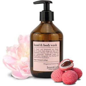 Jean & Len Hand en Body Wash Peony en Lychee, reinigt en verzorgt de huid bij het wassen, bloemige delicate geur, douchegel en zeep, zonder parabenen, siliconen en microplastic, glazen fles van 300 ml