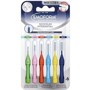 Interdentale borstel Emoform met SoftCare-technologie voor een extra zacht contact met het tandvlees dankzij zachte borstelharen; ergonomische en antislip handgreep met dop