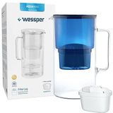 Wessper Glazen waterfilter-karaf compatibel met Brita waterfilter patronen, Inclusief 1 filter, Vermindert kalk, chloor, zware metalen, 2.5 Liter, Donker blauw