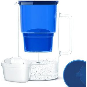 Wessper Glazen waterfilter-karaf compatibel met Brita waterfilter patronen, Inclusief 1 filter, Vermindert kalk, chloor, zware metalen, 2.5 Liter, Donker blauw