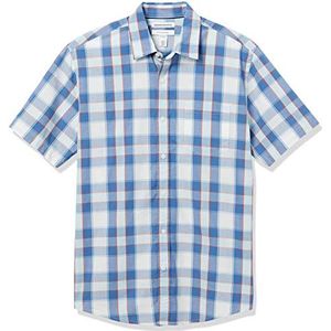 Amazon Essentials Men's Poplin overhemd met normale pasvorm en korte mouwen, Blauw Geruit, XS