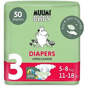 Muumi Baby Eco-luiers Maat 3, 5-8 kg (11-17 lbs), 50 Sensitive Premium-luiers met lekkagebarrière | Zacht en huidvriendelijk, ademend, absorberend, geen onnodige chemicaliën |