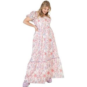 Lovedrobe Vrouwen Dames Plus Size Zomer Maxi Jurken Bloemen Korte Mouw Frilly Pull On Curve Kant Hoge Taille Vierkante Hals, Baby Roze, 44