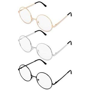 SCSpecial Metalen Frame Ronde bril Retro Metal Heldere lens bril, unisex, zwart, goud, zilveren kleur, 3 paar