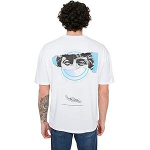 Trendyol T-shirt voor heren, regular standaard, ronde hals, stoffen hemd, Wit, XL
