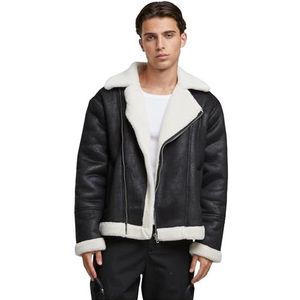 Urban Classics Shearling bikerjack voor heren, warme motorjas voor heren, kraag van imitatiebont en manchetten, regular fit, maten S-5XL, zwart/wit zand, 4XL