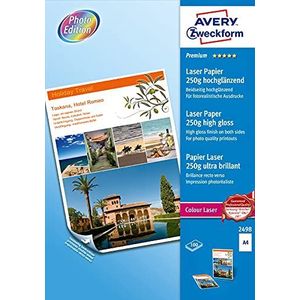 Avery 2498 Premium 250 gsm glanzend A4 fotopapier voor laserprinters, 100 vel per verpakking