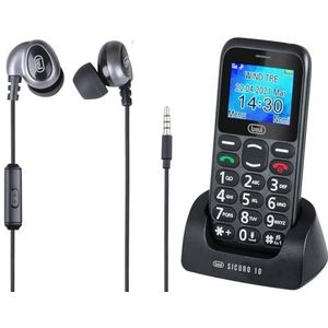 Trevi SICURO 10 mobiele telefoon voor senioren, met grote toetsen + hoofdtelefoon met kabel HMP 696 M zwart, 1,77 inch lcd-display, mobiele telefoon voor senioren met SOS-functie, spraakherhaling,