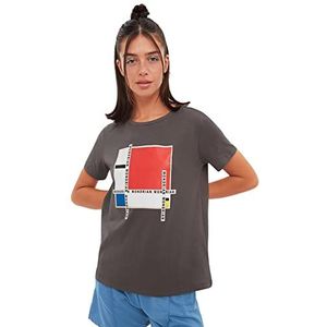 Trendyol Dames gelicentieerd Regular Basic Crew Neck Gebreid T-shirt, Antraciet, S