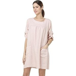 Damesjurk, 100% linnen, gemaakt in Italië, korte jurk met ronde hals, met zakken en lange mouwen, roze, maat: XL, Roze, XL