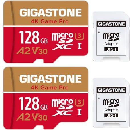 Gigastone 128GB 2-pack micro SD geheugenkaart, 4K Game Pro , SDXC UHS-I A2 U3 V30, 100/50 MB/s lees- en schrijfsnelheid, UHD 4K video opname, geschikt voor Nintendo Switch, Compactcamera’s, GoPro action cam, Android Smartphones, micro sd card