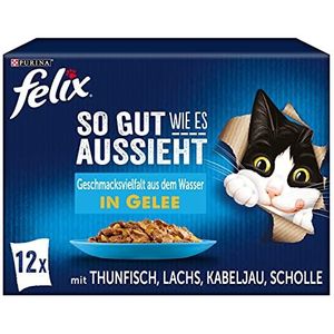 FELIX So gut wie es aussieht Katzenfutter nass in Gelee, Fisch Sorten-Mix, 6er Pack (6 x 12 Beutel à 85g)