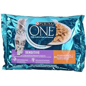 PURINA ONE SENSITIVE kattenvoer nat, delicate stukjes in saus met kip, verpakking van 4 (4 x 85 g)