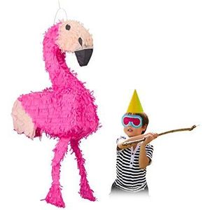Relaxdays pinata flamingo, ophangen, zelf vullen, HBD: 80 x 40 x 14 cm, voor kinderen, meisjes, verjaardag, roze-felroze