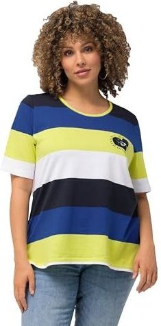 Ulla Popken - Shirt - Marine - Kobaltblauw - Geel - Wit - Gestreept - Kwartmouw