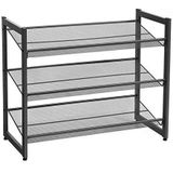 Songmics LMR03B Metalen Schoenenrek, met 3 Niveaus, Meshrek, Verstelbare Legplank, Plat of Schuine Planken, Stapelbaar Opbergrek, 74 x 62,8 x 30,7 cm, Zwart
