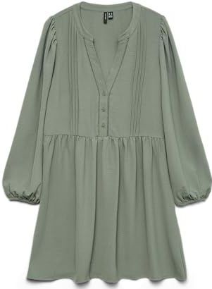 VERO MODA - Korte Jurk - Groen - 100% Polyester - Wijd Uitlopend