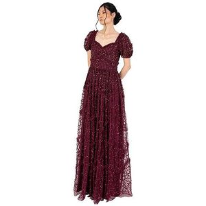 Maxi-jurk voor dames, met versiering, frilly sweetheart, korte mouwen, voor bruiloft, gast, bruidsmeisje, gala, bal, gown, maat 36, wijn, 36