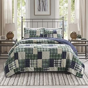 Madison Park Omkeerbare quilt cabine lifestyle geruite ontwerp - alle seizoenen, ademende sprei bedset, bijpassende shams, full/queen (90 x 90 inch), groen/marineblauw 3-delig