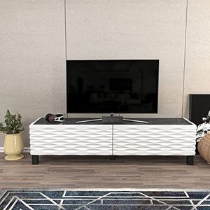 DECOROTIKA Lerze Modern 150 cm brede tv-standaard mediaconsole met speciale textuur op deuren en tafelblad met marmereffect (zwart marmereffect/wit)