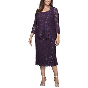 Alex Evenings womens Plus Size Tea Length Lace and Jacket Special Occasion Dress, Eggplant, 14 Plus