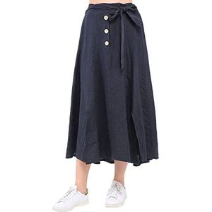 Bonateks Damesrok, 100% linnen, gemaakt in Italië, lange rok met knopen en riem, sjaal, marineblauw, maat: XL, Marineblauw, XL