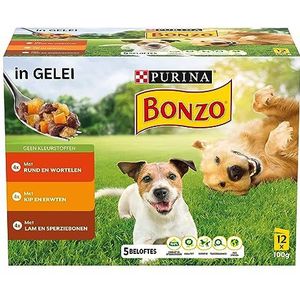 Nestle Purina BONZO Adult Hondenvoer - Natvoer met Rund en Wortelen, met Kip en Erwten in Gelei 12 x 100g (48 portiezakjes; 4,8kg)