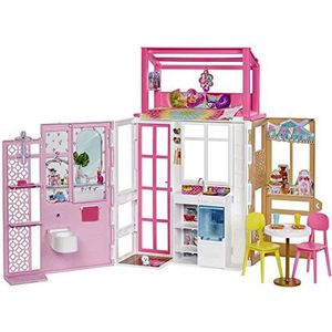 ​Barbie Poppenhuis met 2 verdiepingen en 4 speelplekken, volledig ingericht Barbie huis met puppy en accessoires, cadeau voor kinderen van 3 jaar en ouder, HCD47