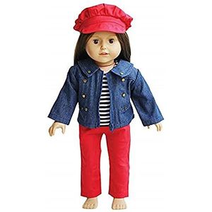The New York Doll Collection 18 inch / 46 cm Pop Outfits - Denim Jas met Gestreept T-stuk Rood Broek, Hoed Inbegrepen - Past bij 18 inch / 46 cm Poppen