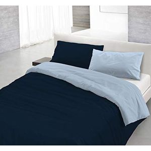 Italian Bed Linen Natuurlijke kleur Dekbedovertrek Set met Doubleface Effen Kleur Tas Sheet en Kussensloop, 100% Katoen, Donkerblauw/Lichtblauw, enkel