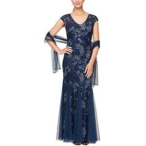 Alex Evenings Women's Long Fit and Flare Mother of The Bride Dress with Godet Detail (Petite and Regular Sizes), New Navy, 10